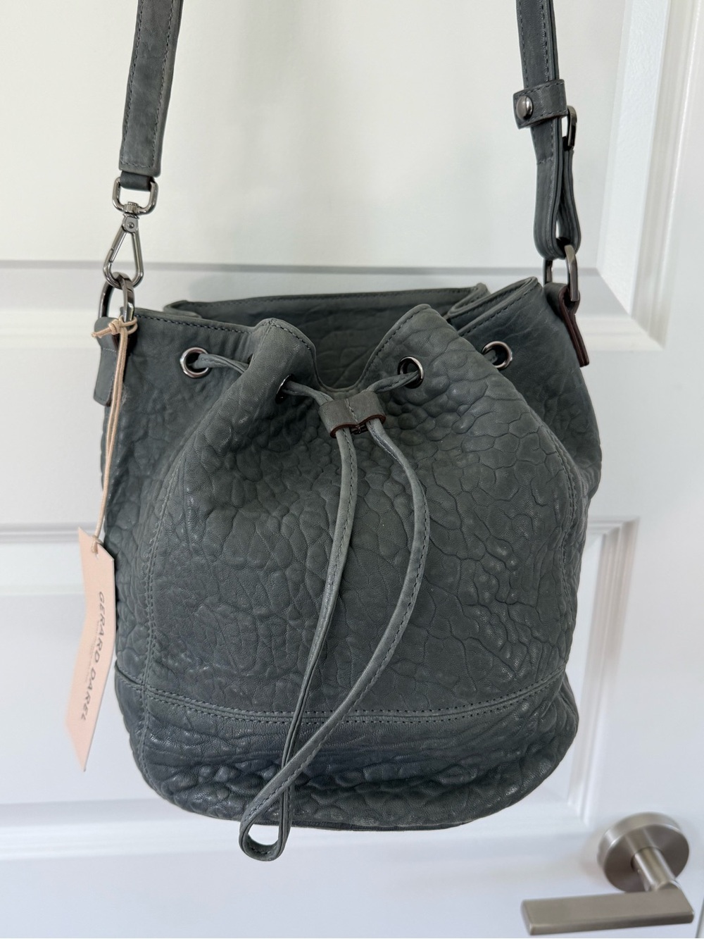 Gerard Darel Gray Pebbled Leather Drawstring Crossbody